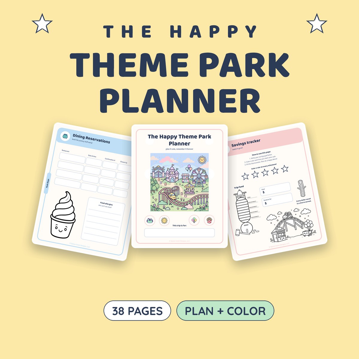 The Happy Theme Park Planner — cover with fanned pages showing dining reservations, cover art, and the savings tracker